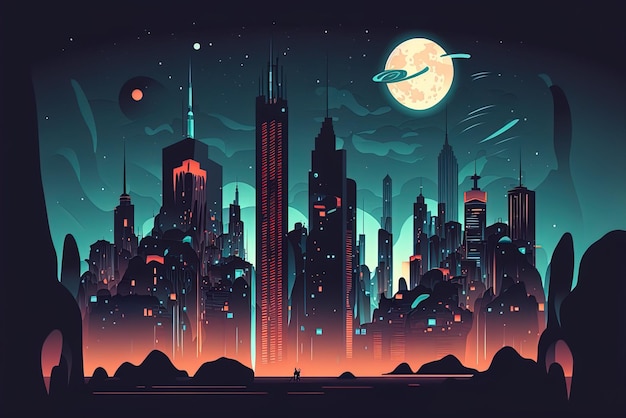 Cityscape nighttime cartoon in the modern era