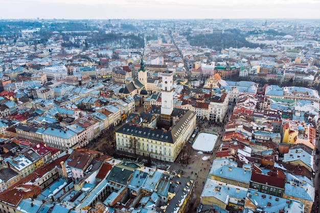 Cityscape of old european city birds eye view