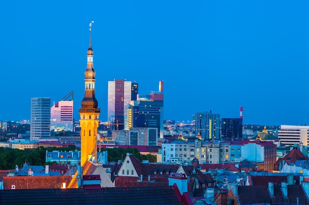 Cityscape of old Tallinn old and modern buildings at twilight