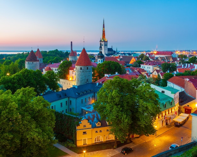 Cityscape of old town Tallinn at dusk Estonia