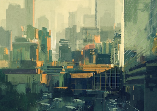 cityscape painting of urban sky-scrapers at sunset