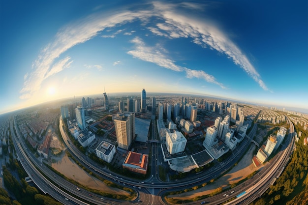 하늘 아래 360도 구형으로 보이는 도시 풍경 파노라마