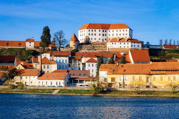 Cityscape of Ptuj Castle with old town at Drava River in Slovenia. Architecture in Slovenija. Travel