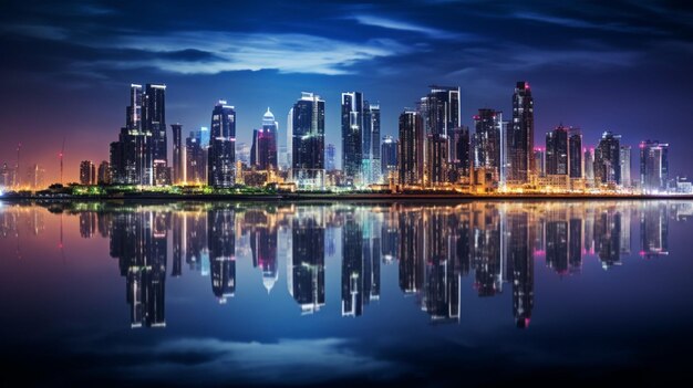 Cityscape reflecting in water background