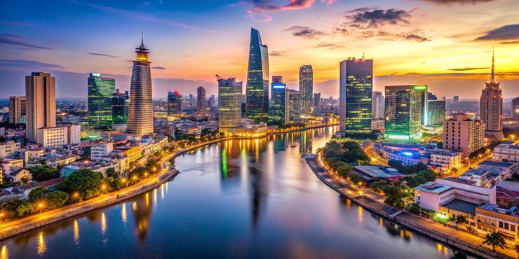 Photo cityscape in reflection of ho chi minh city at beautiful twilight viewed over saigon river hochiminh city is the largest city in vietnam with population around 10 million people