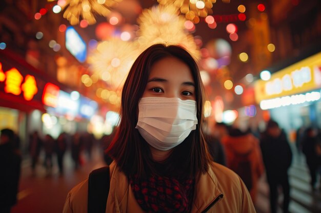 Photo cityscape resilience a woman in beijings masked journey