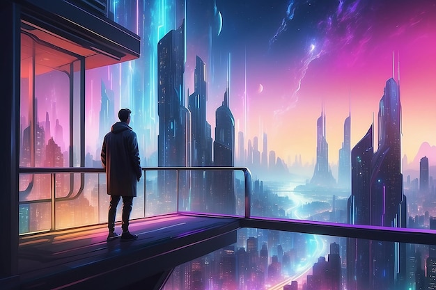 Foto l'uomo del paesaggio urbano ammira le luci futuristiche