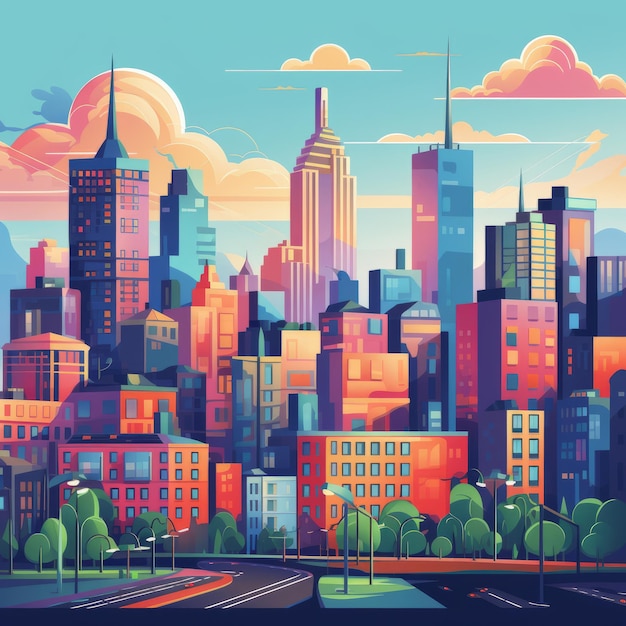 Photo cityscape reverie vibrantly animated flat vector illustration of urban background