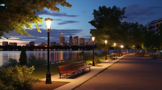 Cityscape Riverfront Park at Dusk Background