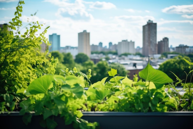 Photo a cityscape rooftop view with luscious green plants