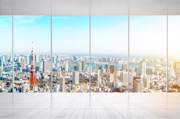 Cityscape seen through glass window