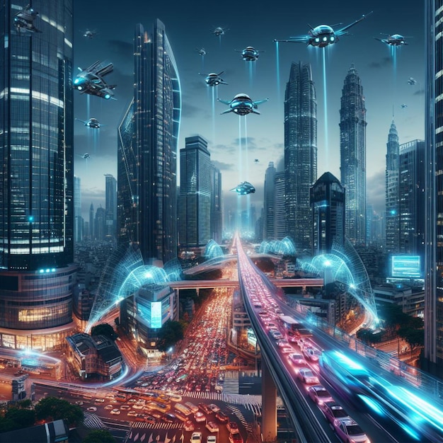 Photo cityscape set during the night with a bustling traffic of flying vehicles filling the sky between to