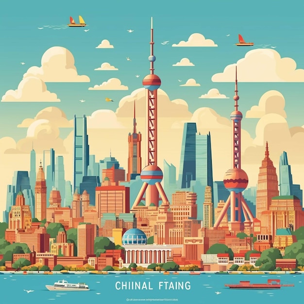 상하이 중국의 도시 풍경 평평한 스타일의 터 일러스트레이션