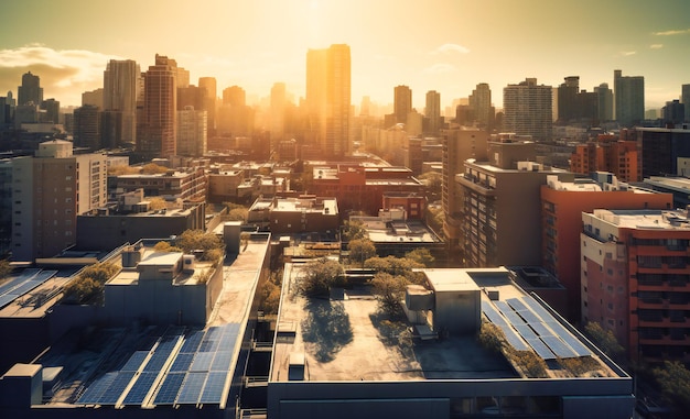 A cityscape shown with solar panels from the rooftop