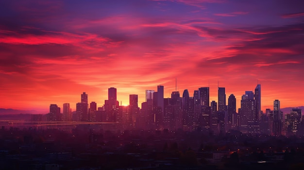 Foto silhouette di paesaggio urbano con grattacieli retroilluminati da un tramonto vibrante