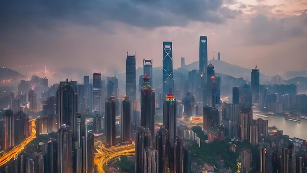 Cityscape and skyline of chongqing in cloud sky on view from empty floor