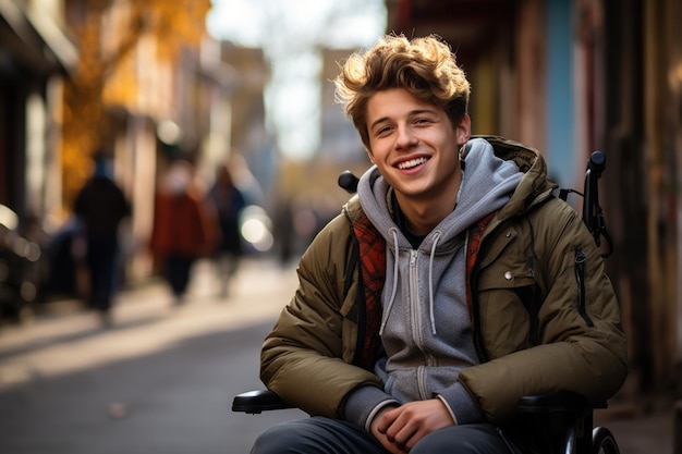 Foto il sorriso di un uomo disabile diventa parte integrante del paesaggio urbano, arricchendo l'ambiente urbano di positività e inclusione