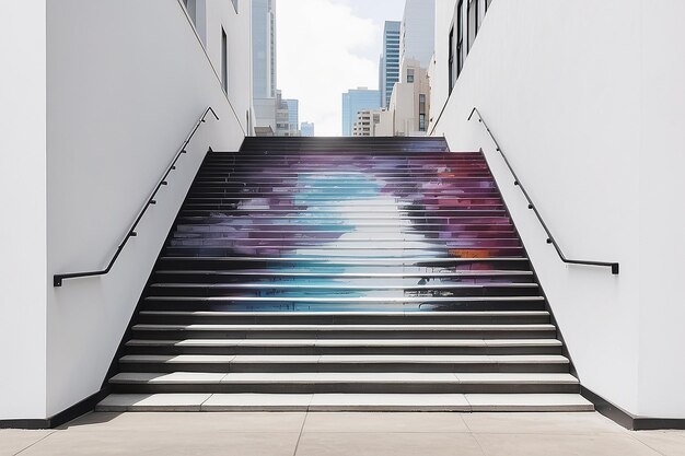 Cityscape Staircase Mural Mockup Showcase Stedelijke kunst op lege witte achtergronden