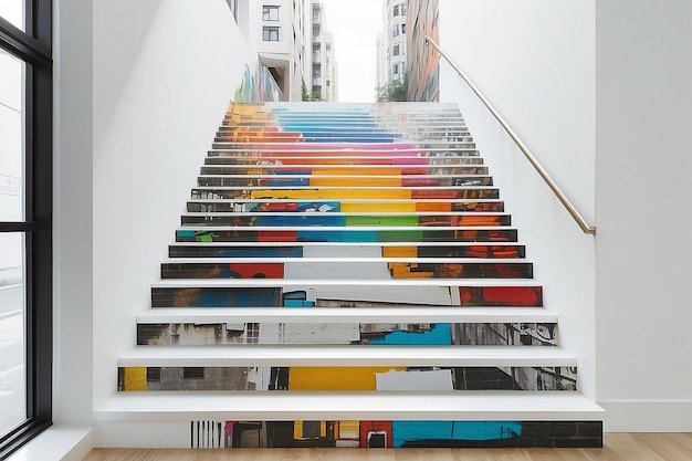 Cityscape Staircase Mural Mockup Showcase Urban Art on Empty White Backgrounds