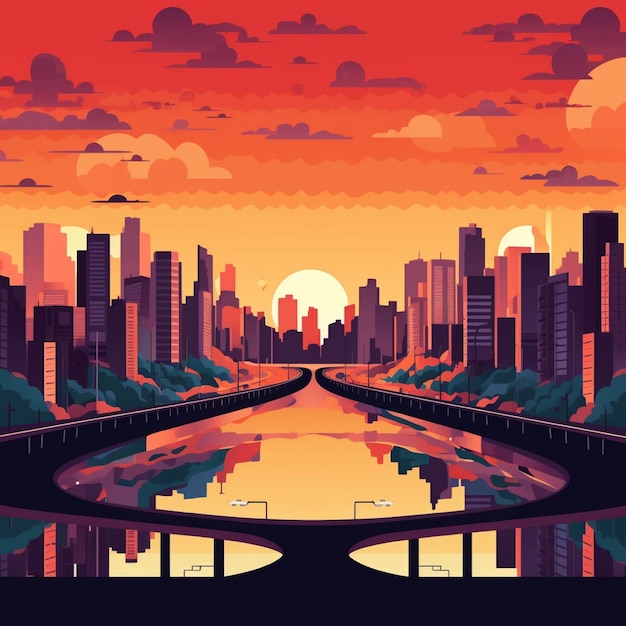 Cityscape at sunset Vector illustration in flat style Urban landscape