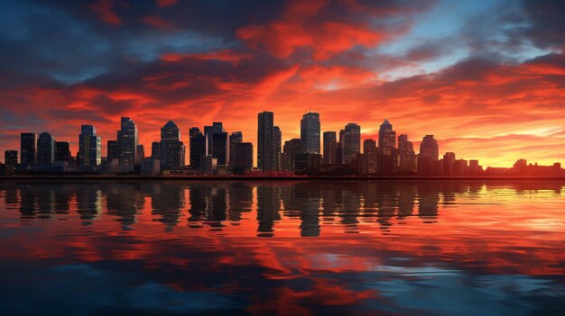 Cityscape Sunset Over Water Background