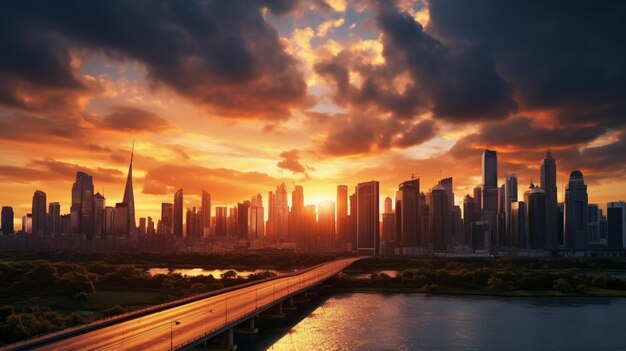 Cityscape sunset with dramatic sky background