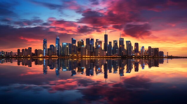 Photo cityscape sunset with reflections background