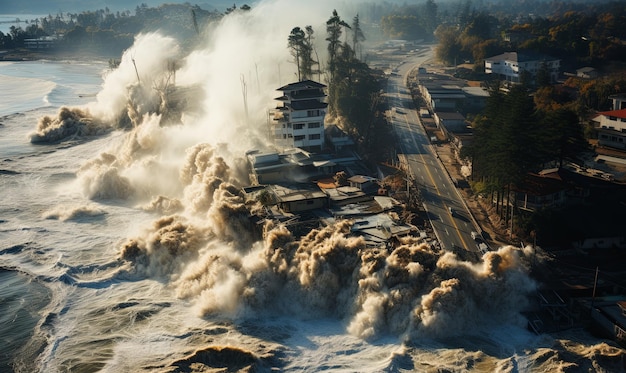 Cityscape Surrounded by Waves