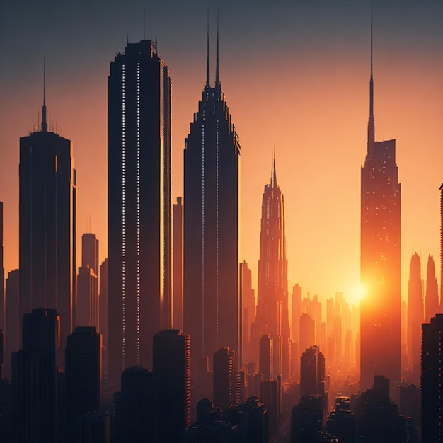 A cityscape of towering skyscrapers illuminated by the last rays of the setting sun