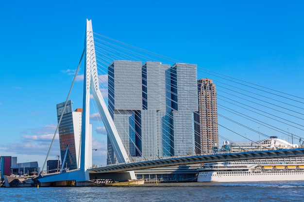 Cityscape van Rotterdam met Erasmus brug en schip, Nederland