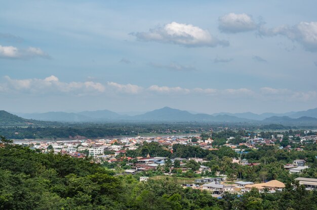 Cityscape view of chiang khan district on phu chang noi viewpoint at chiang khan loei city thailand.Chiang Khan is an old town and a very popular destination for Thai tourists