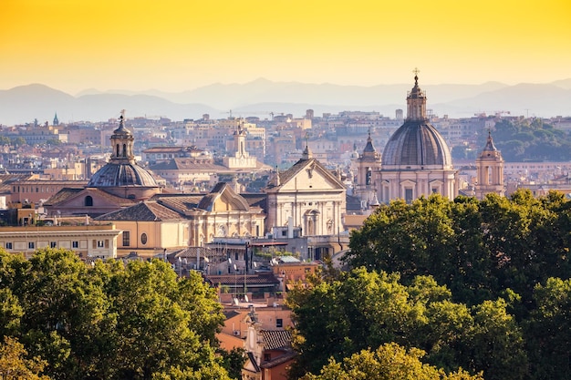 Cityscape view of historic center of Rome Italy from the Gianicolo hill during summer sunny day