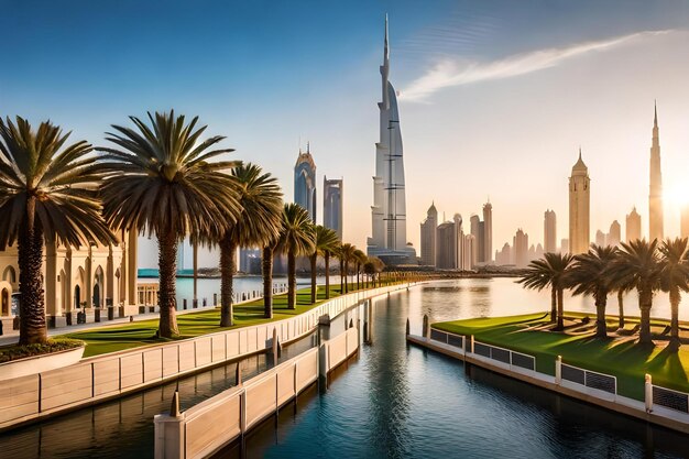 Cityscape with beautiful park with palm trees in dubai