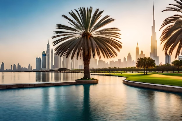 Городской пейзаж с красивым парком с пальмами в Дубае