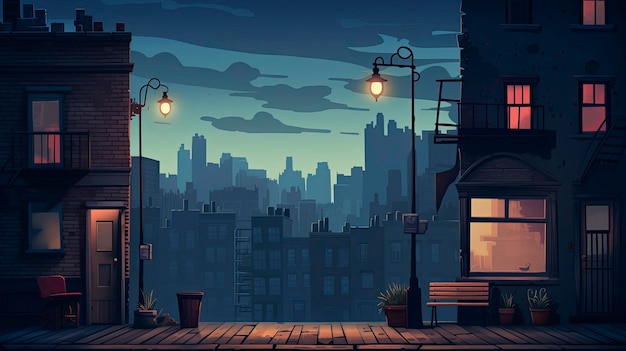 A cityscape with a bench and street lights