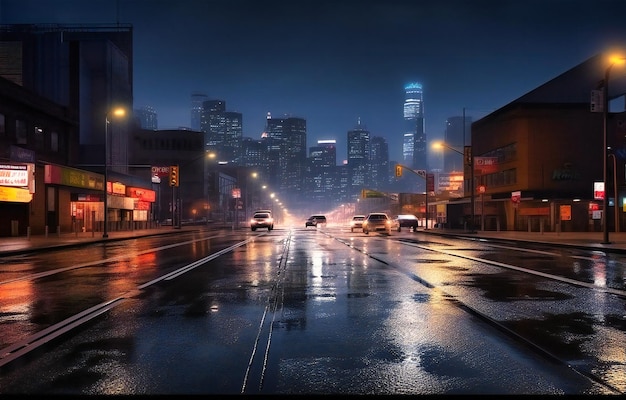 A cityscape with black asphalt at nightfall