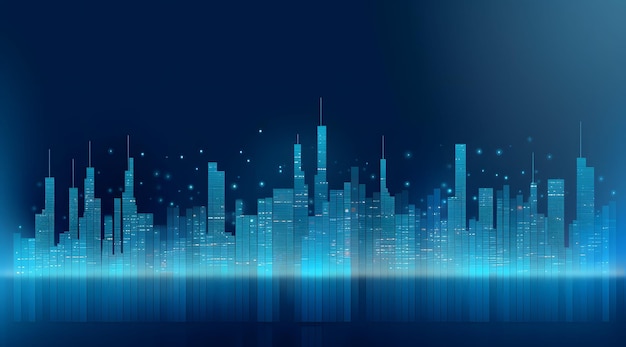 A cityscape with a blue background and the text space for text.