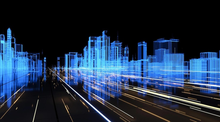 Photo a cityscape with a blue cityscape in the background