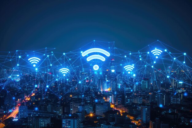 Фото Городской пейзаж с голубым высокотехнологичным тоном, соединенным концепцией технологии wifi