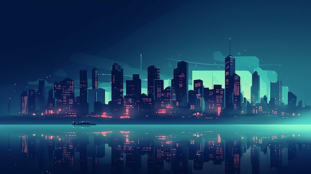 A cityscape with a blue light and the city lights are reflected in the water.