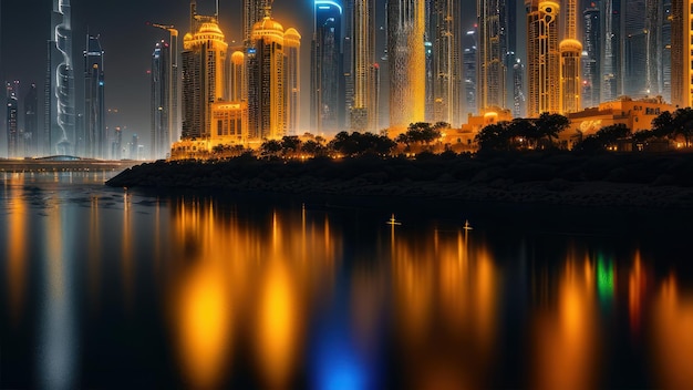 A cityscape with a blue light that is lit up at night