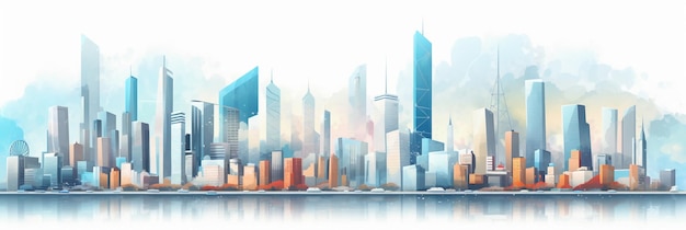 A cityscape with a blue and orange background.