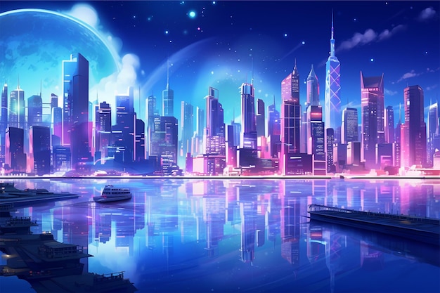 A cityscape with a blue and pink neon light