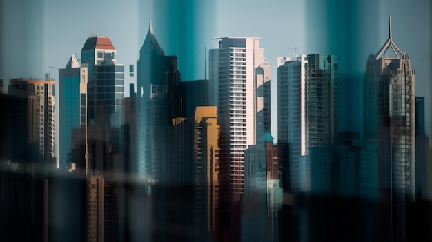 A cityscape with a blue sky and a building in the background.