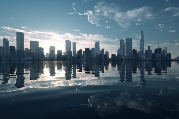 A cityscape with a blue sky and clouds