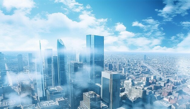 A cityscape with a blue sky and clouds