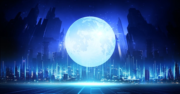 Cityscape with blue skyline and full moon