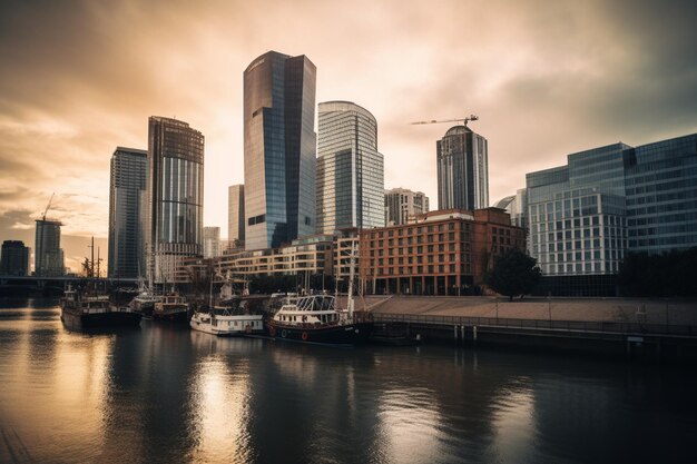 A cityscape with a boat in the foreground and a building in the background.