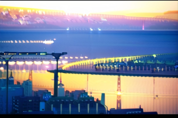 A cityscape with a bridge and a city in the background.