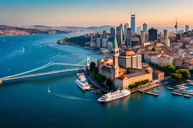 A cityscape with a bridge and a ferry in the foreground.